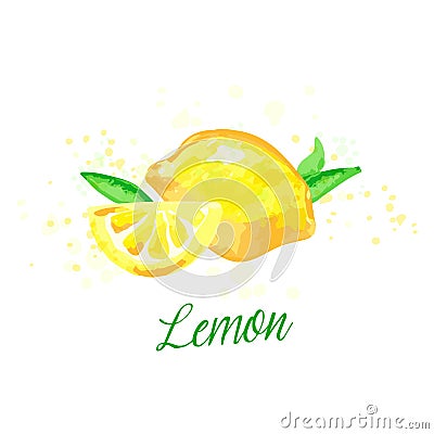 Lemon watercolor imitation design with paint splashes Vector illustration with lemons isolated. Fruit tea tag, card Vector Illustration