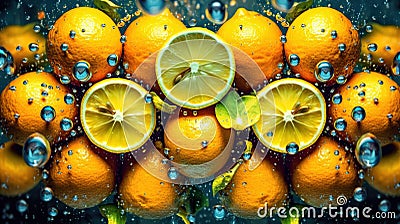 Lemon whole and sliced fruits with leaves. Closeup view. Fruits backdrop. Generative AI. Illustration for banner, poster, cover or Stock Photo