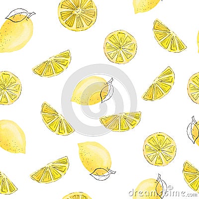 Lemon yellow fruit watercolor clipart. Seamless pattern digital paper. Hand drawn illustration. Cartoon Illustration