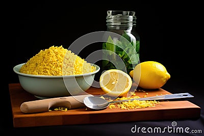 lemon zest and a zester on a board Stock Photo