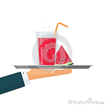 Lemonade or cocktail drink glass on tray vector illustration, flat cartoon design or cold summer beverage with Vector Illustration