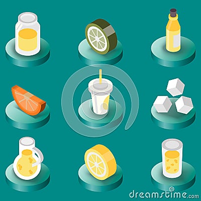 Lemonade flat isometric set Vector Illustration