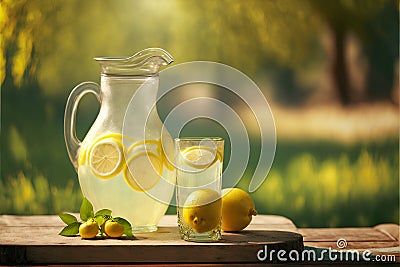 Lemonade in a glass and a jug with lemons on a wooden table Stock Photo