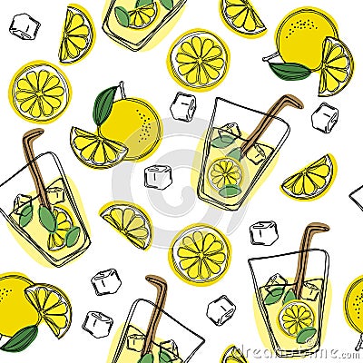 Lemonade hand draw seamless pattern. Fresh and tasty lemonade, water, drink, juice vector vintage . Vector Illustration