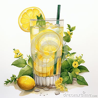 Realistic Watercolor Illustration Of Lemonade Cocktail Cartoon Illustration
