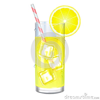 Lemonade with ice cubes and lemon on white background. Vector Vector Illustration