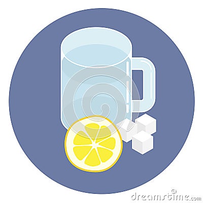 Lemonade ingredients: glass of water, lemon and sugar. Flat style isometric illustration, icon, sign Vector Illustration