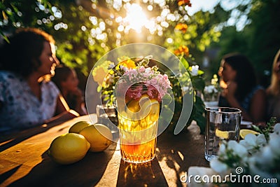 Lemonade with lemon and flowers in a glass on the table, a sweet, lemony lemonade adorning a festive table, AI Generated Stock Photo