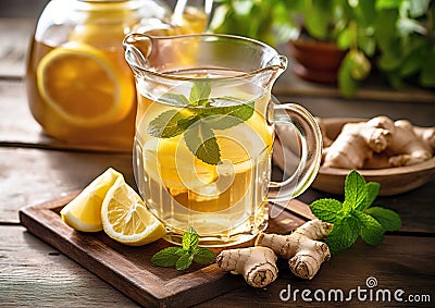 Lemonade with lemon, mint and ginger. Stock Photo