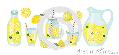Lemonade and lemons summer set with fruits Vector Illustration