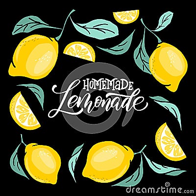 Lemonade lettering with lemon label. Brush calligraphy of word lemonade. Vector Illustration