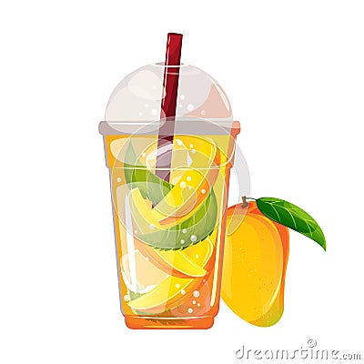 Lemonade with mango.Summer cold drink, cocktail with mango, mint and ice in a plastic cup. Vector Illustration