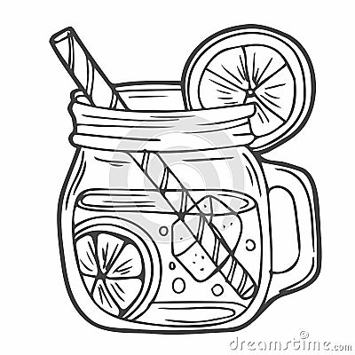 Lemonade in mason jar mug with drinking straw and lemon wedge. Refreshing summer drink vector clip art illustration, doodle style Vector Illustration