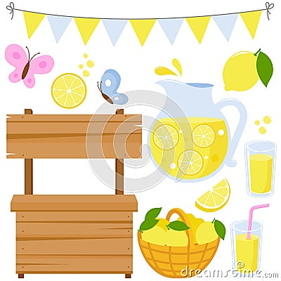 Lemonade stand and lemon juice set. Vector illustration Vector Illustration