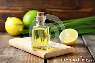 lemongrass essential oil bottle on a wooden table Stock Photo