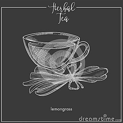 Lemongrass tea cup chalk sketch vector icon for herbal tea, cafeteria or packaging design template Vector Illustration