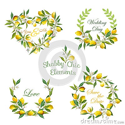 Lemons, Flowers, Leaves Banners and Tags. Floral Wreath Vector Illustration