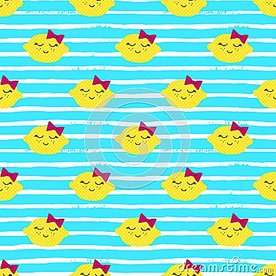 Lemons Kawaii Pattern. Vector seamless Texture Of Happy Yellow Lemons on a Striped Background. Vector Illustration