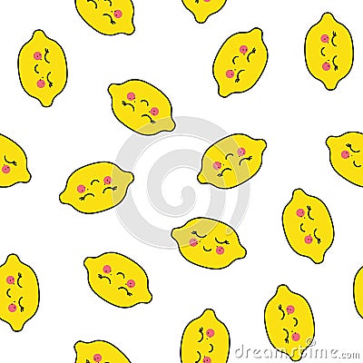 Lemons Kawaii Pattern. Vector seamless Texture Of Happy Yellow Lemons on a Striped Background. Vector Illustration