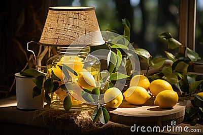 Lemons with leaves and lateral view of the old lamp in the wooden slice Stock Photo