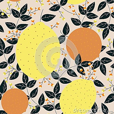 Lemons oranges with leaves and berries seamless pattern Vector Illustration