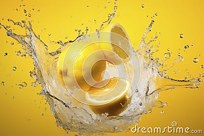 Lemons with water splash on yellow background Stock Photo