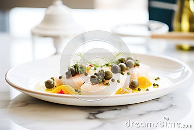 lemony cod in white dish with capers Stock Photo