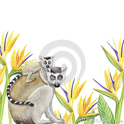 Lemur with cub pattern drawing silhouette watercolor tropical animals isolate object pink background primacy Stock Photo