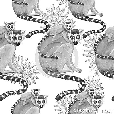 Lemur with cub pattern drawing silhouette watercolor tropical animals isolate object pink background primacy Stock Photo