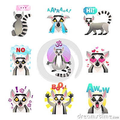 Lemur Emoji Stickers Set Vector Illustration