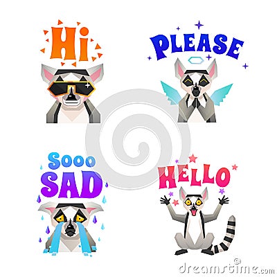 .Lemur Emotions Polygonal Icons Set Vector Illustration