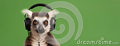 Lemur in headphones on a green background. Banner, empty space for text. Stock Photo