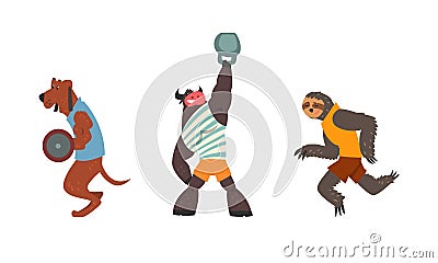 Lemur Running, Bear Lifting Kettlebell, Dog Exercising with Barbell, Powerful Wild Animals Characters Doing Sports Vector Illustration