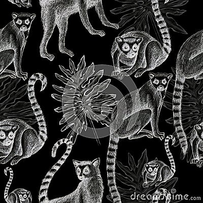 Lemurs pattern drawing silhouette tropical animals isolate object black background primacy Stock Photo