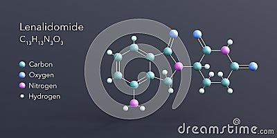 lenalidomide molecule 3d rendering, flat molecular structure with chemical formula and atoms color coding Stock Photo