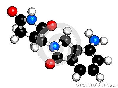 Lenalidomide multiple myeloma drug molecule. 3D rendering. Atoms are represented as spheres with conventional color coding:. Vector Illustration