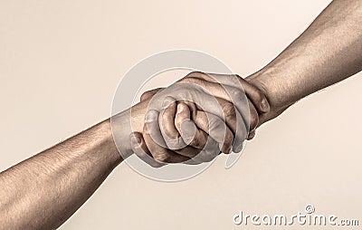 Lending a helping hand. Handshake, arms friendship. Friendly handshake, friends greeting, teamwork, friendship. Close-up Stock Photo