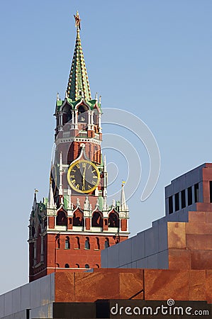 Lenin Mausoleum and Kremlin`s tower at Red Square Stock Photo