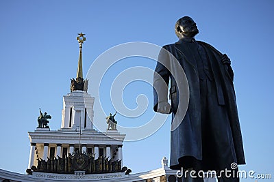 Lenin Statue looms over the All-Russian Exhibition Center, Moscow Editorial Stock Photo