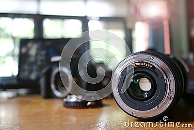 Lens and adapter for used with camera. Stock Photo