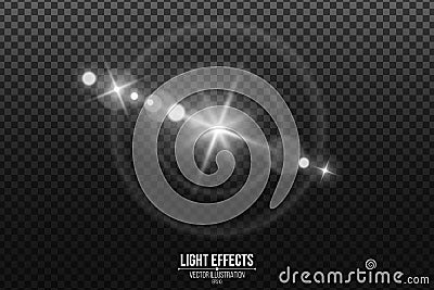 Lens effect isolated on a black transparent background. White glare and flare. Abstract lights bokeh. Realistic star footage. Vector Illustration