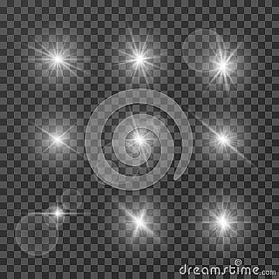 Lens effects. Camera flash light, flare. White light spot glowing sparkles, starlight isolated on transparent background Vector Illustration