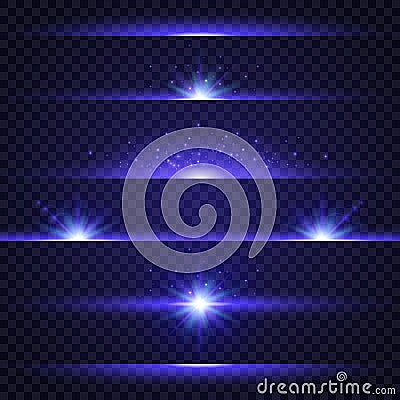 Lens flare set. Collection of blue light effects on transparent background. Glowing lights, stars and sparkles. Star Vector Illustration