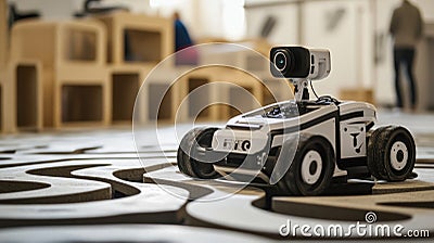 The lens focuses on an autonomous mobile robot navigating through a maze of obstacles with sensors and cameras capturing Stock Photo