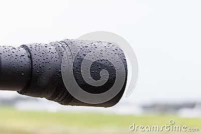 Lens hood in the rain, raindrops on black plastic Stock Photo