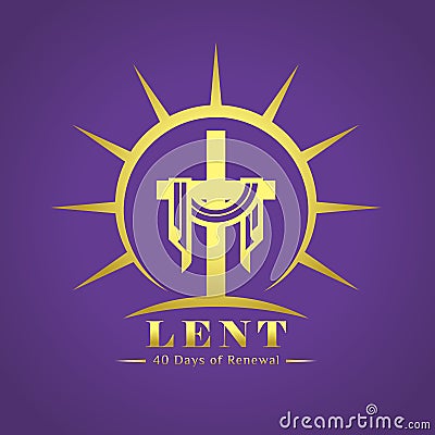 Lent, 40 days of renewal word under gold lent cross in circle sunset sign on purple background vector Design Vector Illustration