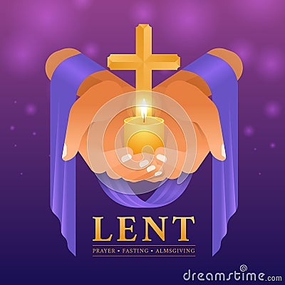 Lent, prayer fasting and almsgiving - hands with purple cloth hold gold cross crucifix sign and candle light on purple and blue Vector Illustration