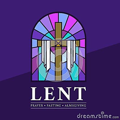 LENT, prayer, fasting and almsgiving text and Stained Glass Window Cross lent sign on dark purple background vector Design Vector Illustration