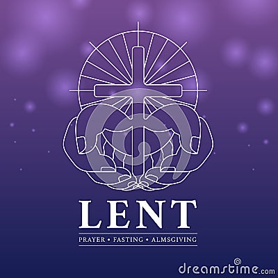 LENT, prayer, fasting and almsgiving with white line hands hold cross crucifix sign on light purple and blue background vector Vector Illustration