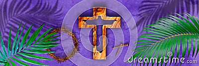 Lent season, Holy week and Good friday concept. Crown of torns and wooden cross and metal nails Stock Photo